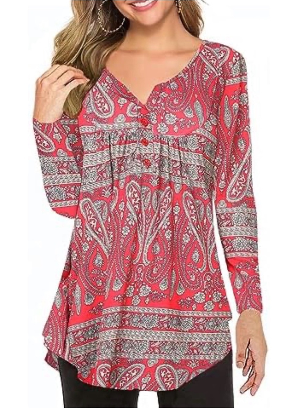 NWT Halife Red Paisley Floral Polyester Blouse Flared Tunic Top Womens Size XXL
